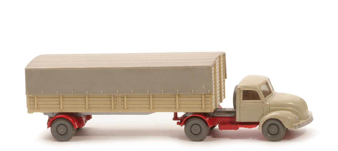 Magirus S 3500 Alter Pritschen-Sattelzug - ZM hellgelbgrau/rot, Aufl. grünbeige - 510/2a