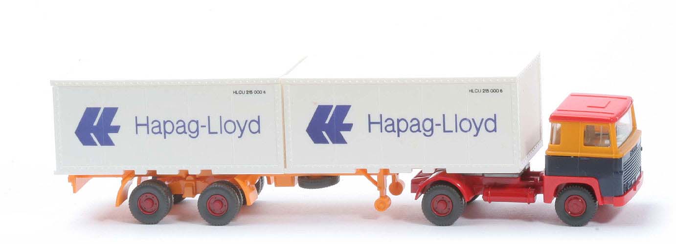 Scania 111  Container-Sattelzug - Hapag-Lloyd melonengelb / stahlblau / rot - Hapag-Lloyd 9a