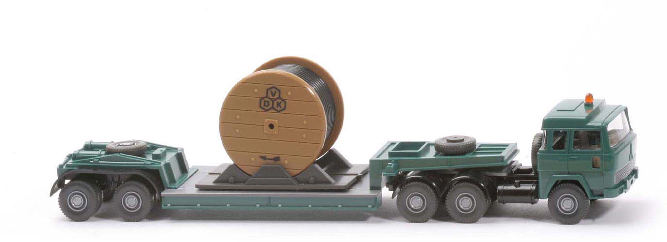 Magirus 235 D Tieflade-Sattelzug, m. Kabeltrommel - FH, Auflieger patinagrün, Kabel schwarz - 503/6d