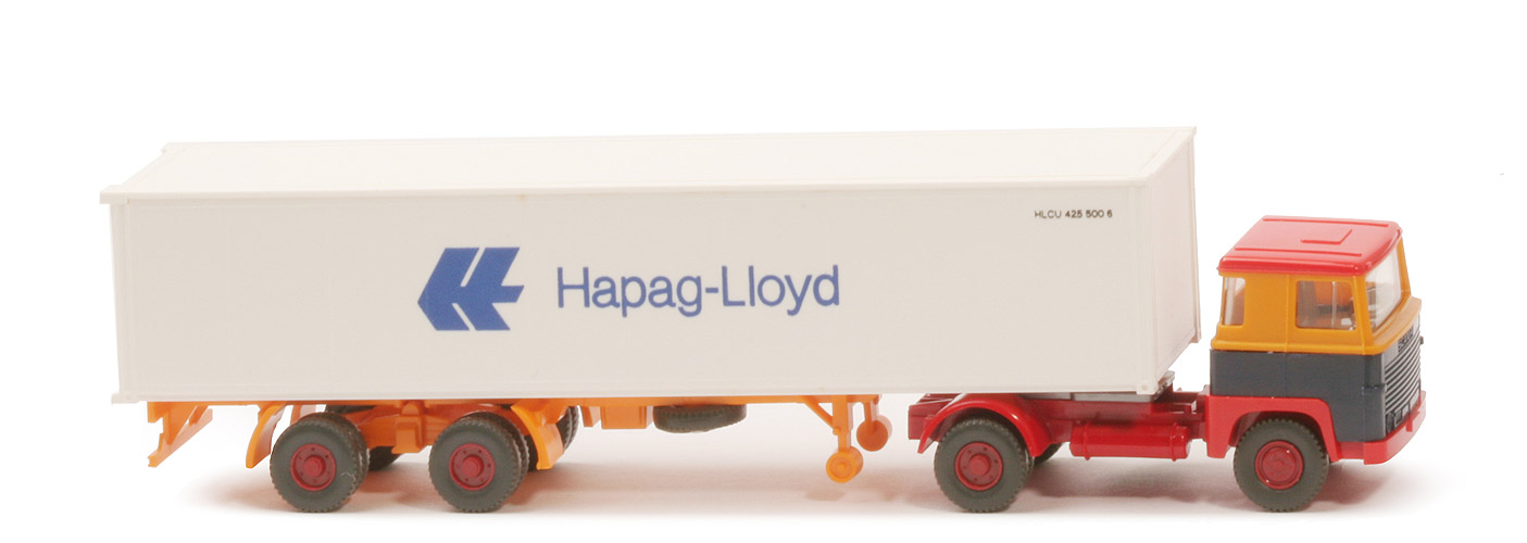 Scania 111  Container-Sattelzug - Hapag-Lloyd melonengelb / stahlblau / orangerot - Hapag-Lloyd 9a