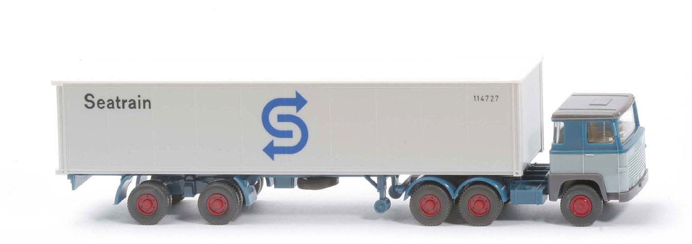 Scania 111  Container-Sattelzug - SEATRAIN  azurblau  / hellblaugrau Dach weiß - 520/40d