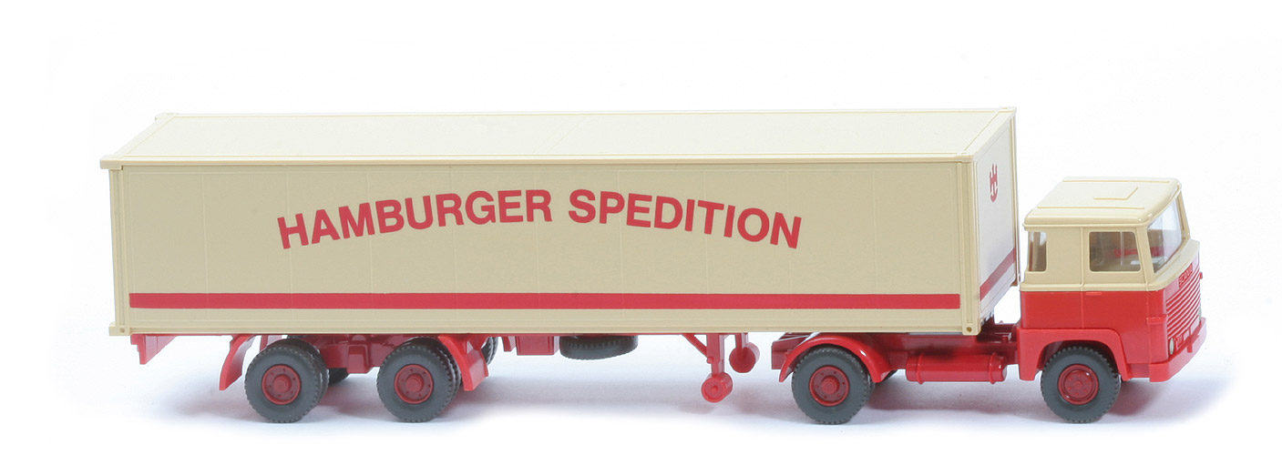 Scania 111  Koffer-Sattelzug - Hamburger Spedition o Lkr/Sp - aufgeklebter Container - Hamburger Spedition (2) a