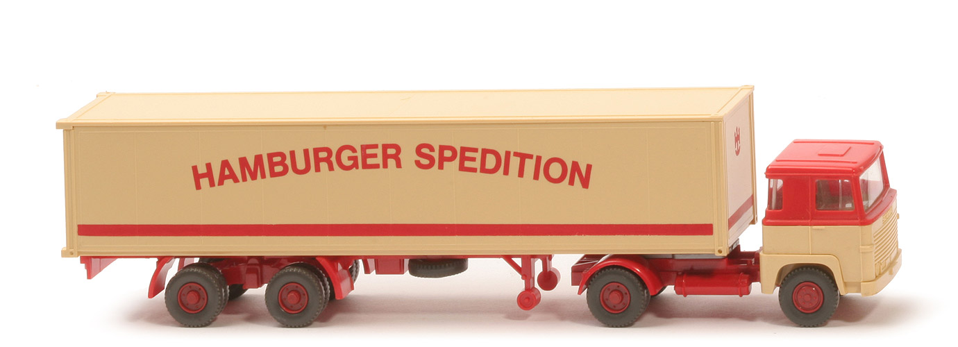 Scania 111  Koffer-Sattelzug - Hamburger Spedition o Lkr/Sp - aufgeklebter Container - Hamburger Spedition (2) b