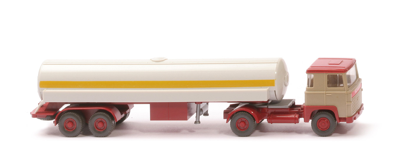 Scania 110 Flüssiggas-Tanksattelzug Frigen - gelbgrau / hellbraunrot, Tank altweiß - 805/1za