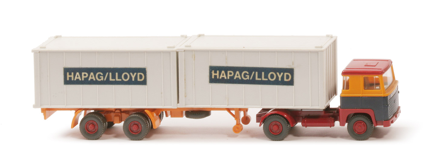 Scania 110  Container-Sattelzug - Hapag-Lloyd melonengelb / stahlblau / rot - Hapag-Lloyd 8e