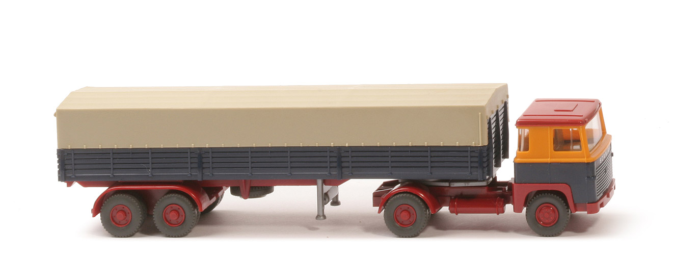 Scania 110  Pritschen-Sattelzug - melonengelb / stahlblau / rubinrot - 510/11c