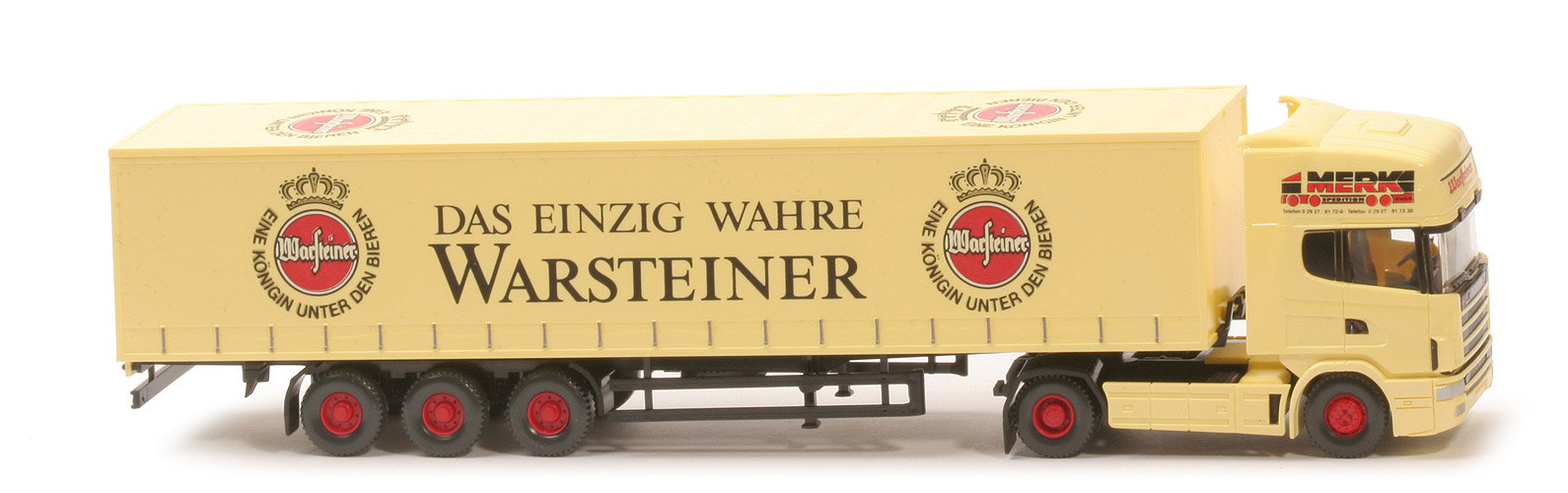 Scania 144 Gardinenplanen-Sattelzug - Warsteiner: "Merk" - Serienmodell ohne Unterschriften auf Dach - 546/4