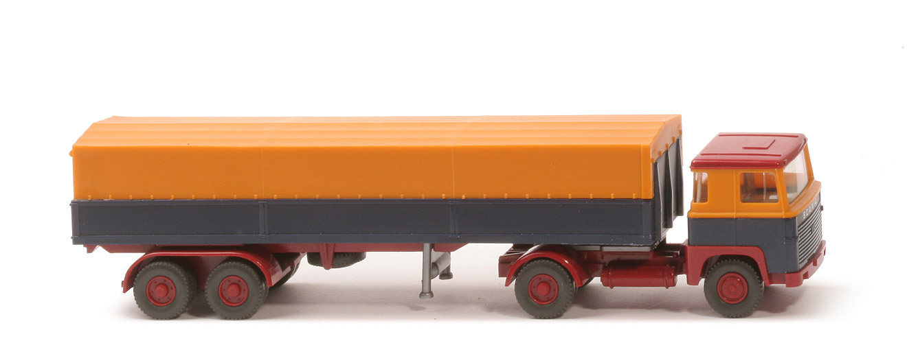 Scania 110  Pritschen-Sattelzug Alupritsche - melonengelb/stahlblau/rubinrot - 510/12b
