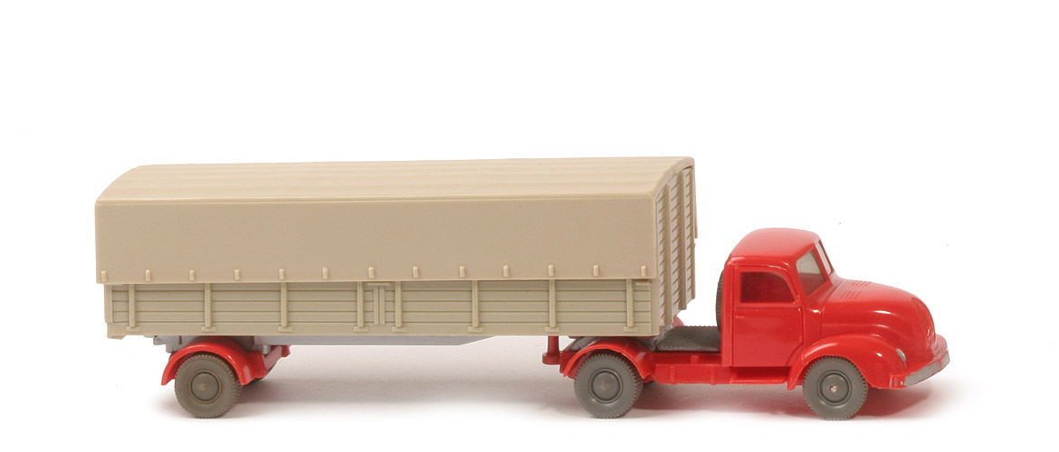 Magirus S 3500 Alter Pritschen-Sattelzug - ZM orangerot, Aufl. grünlichbeige - 510/1f ~