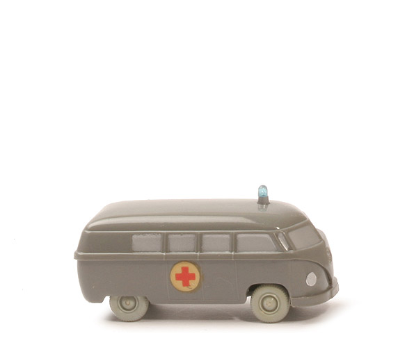 VW T1 Bus (Typ 3), Krankenwagen - betongrau, Abziehbild, Silberscheibe, mit Blaulicht - 320/7g ~