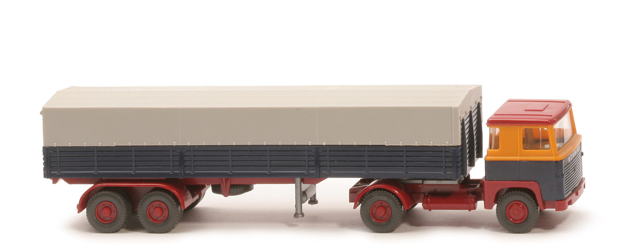 Scania 110  Pritschen-Sattelzug - melonengelb / stahlblau / rubinrot - 510/11c