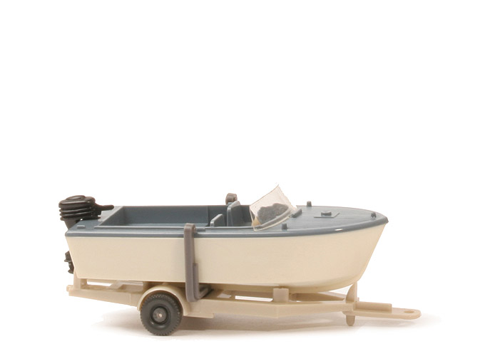 Motorboot auf Anhänger - graublau, Motor schwarz, flache Scheibe - 95/4e