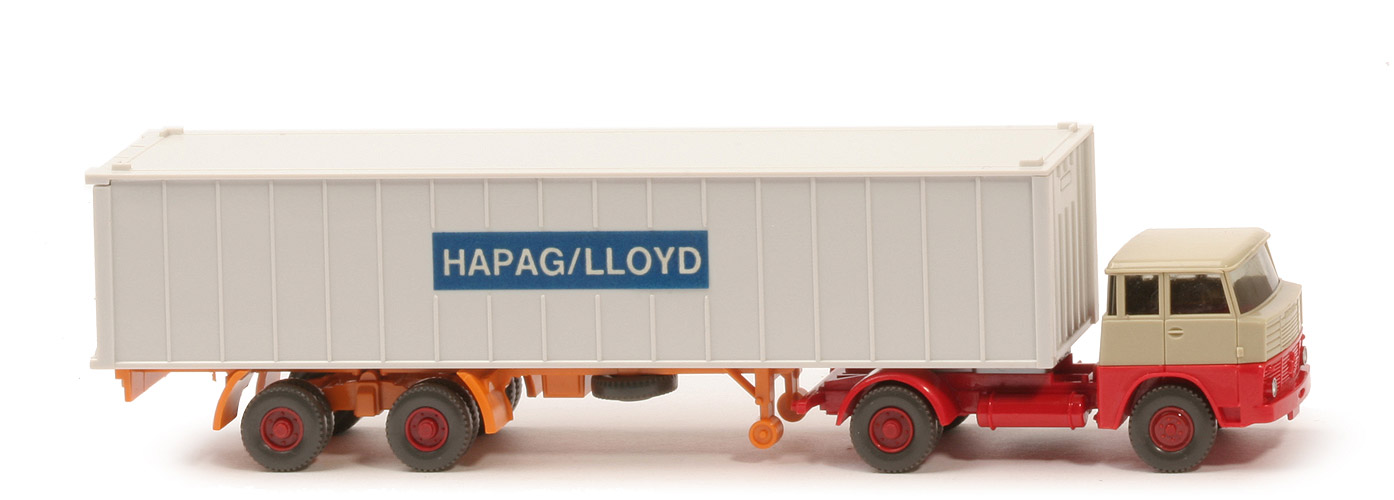 Henschel HS 14 Container-Sattelzug - Kabine hellgelbgrau/rot, Bolzen stark - 523/1 ~