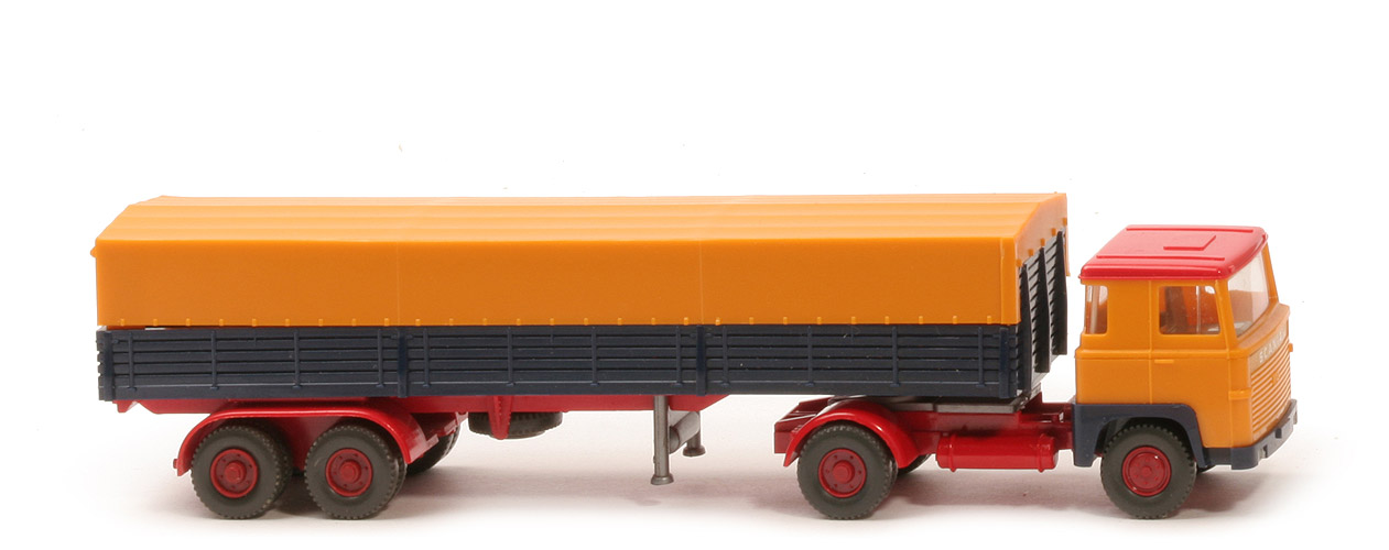 Scania 110  Pritschen-Sattelzug - melonengelb/ stahlblau Chassis rot - Auflieger-CH rot - 510/11g ~