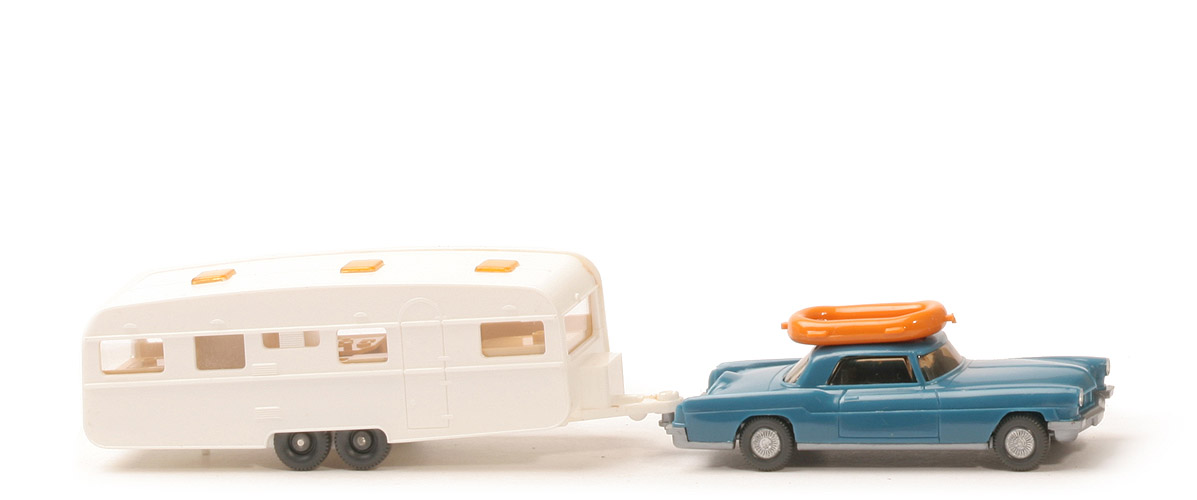 Ford Continental - Geschenkpackung Wohnwagen - azurblau, BP "WM 21 GERMANY", m. Zgh, Wohnw. BP 92 - 2160/3