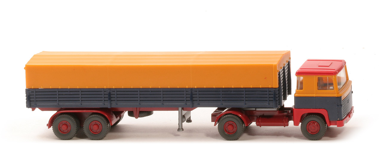 Scania 110  Pritschen-Sattelzug - melonengelb/ stahlblau Dach/ Kotflügel rot - 510/11a