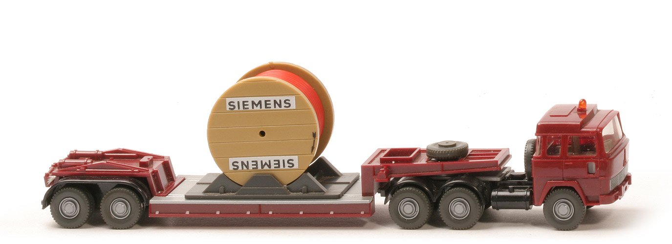Magirus 235 D Tieflade-Sattelzug, m. Kabeltrommel - Siemens, FH, Auflieger rotbraun, Kotflügel schwarz (Kabel Flachdruck ?!) - Siemens (2a) b