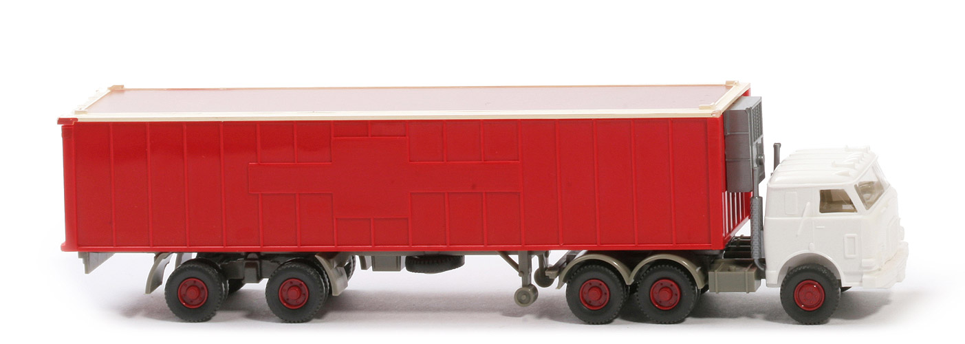 US-Zugmaschine Container-Sattelzug - Container rot, unbeschriftet, Dach klar, Kühlaggregat - 527/4a ~