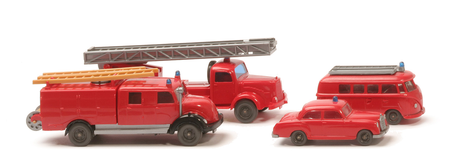Geschenkpackung Feuerwehr - MB 180, VW T1 Bus, Spritzenwagen Sirius, Leiterwagen MB 5000 - 2120/3 ~