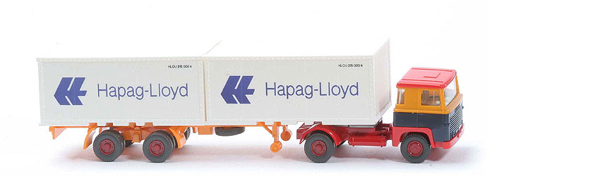 Scania 111  Container-Sattelzug - Hapag-Lloyd melonengelb / stahlblau / rot - Hapag-Lloyd 9a