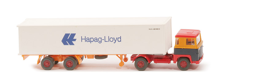 Scania 111 Container-Sattelzug - Hapag-Lloyd melonengelb / stahlblau / orangerot - Hapag-Lloyd 9a