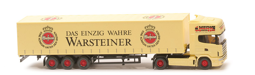 Scania 144 Gardinenplanen-Sattelzug - Warsteiner: "Merk" - Serienmodell ohne Unterschriften auf Dach - 546/4