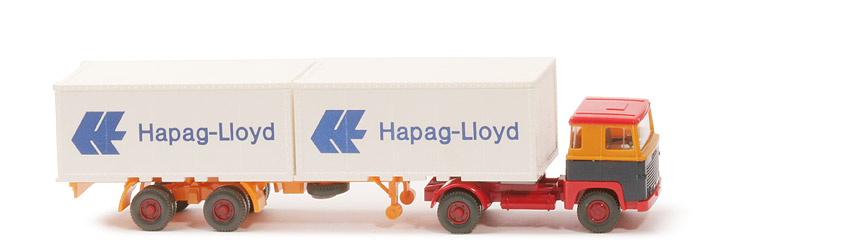 Scania 111  Container-Sattelzug - Hapag-Lloyd melonengelb / stahlblau / orangerot - Hapag-Lloyd 9a