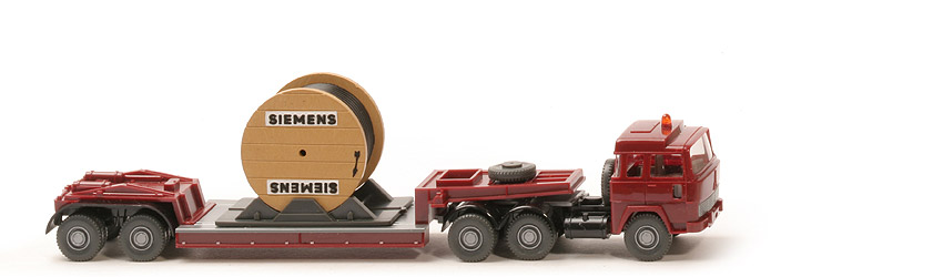 Magirus 235 D Tieflade-Sattelzug, m. Kabeltrommel - Siemens, FH, Auflieger rotbraun, Kotflügel schwarz, Kabel schwarz - Siemens (2a) a