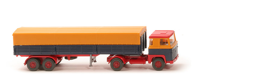 Scania 110  Pritschen-Sattelzug - melonengelb/ stahlblau Chassis rot - Auflieger-CH orangerot - 510/11a